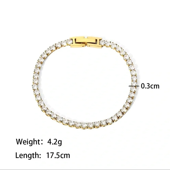 Zirconia Tennis 18K Gold Stainless Steel Waterproof Gold Gemstone Bracelet - Picture 6 of 11